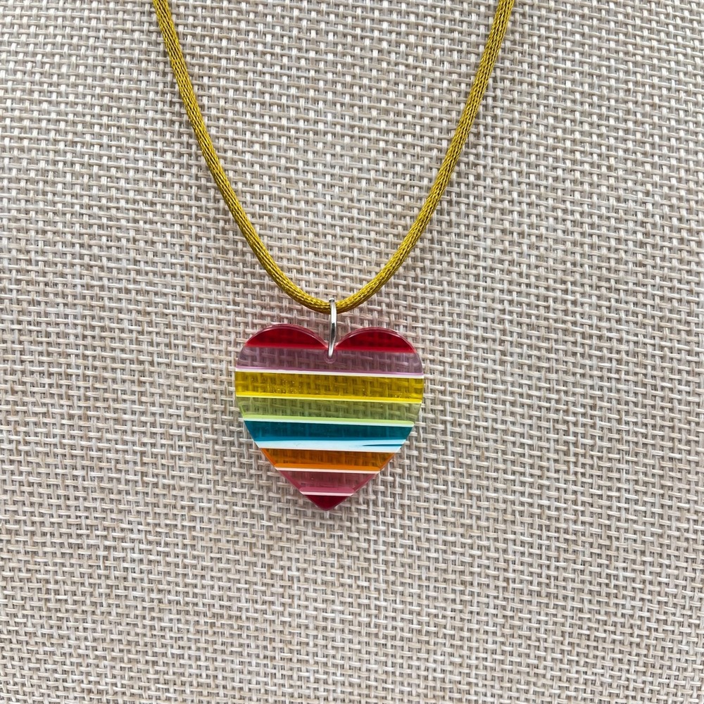 Vtg Rainbow Heart Necklace Pride Jewelry Striped Acrylic Pendant Gold Silk Cord
